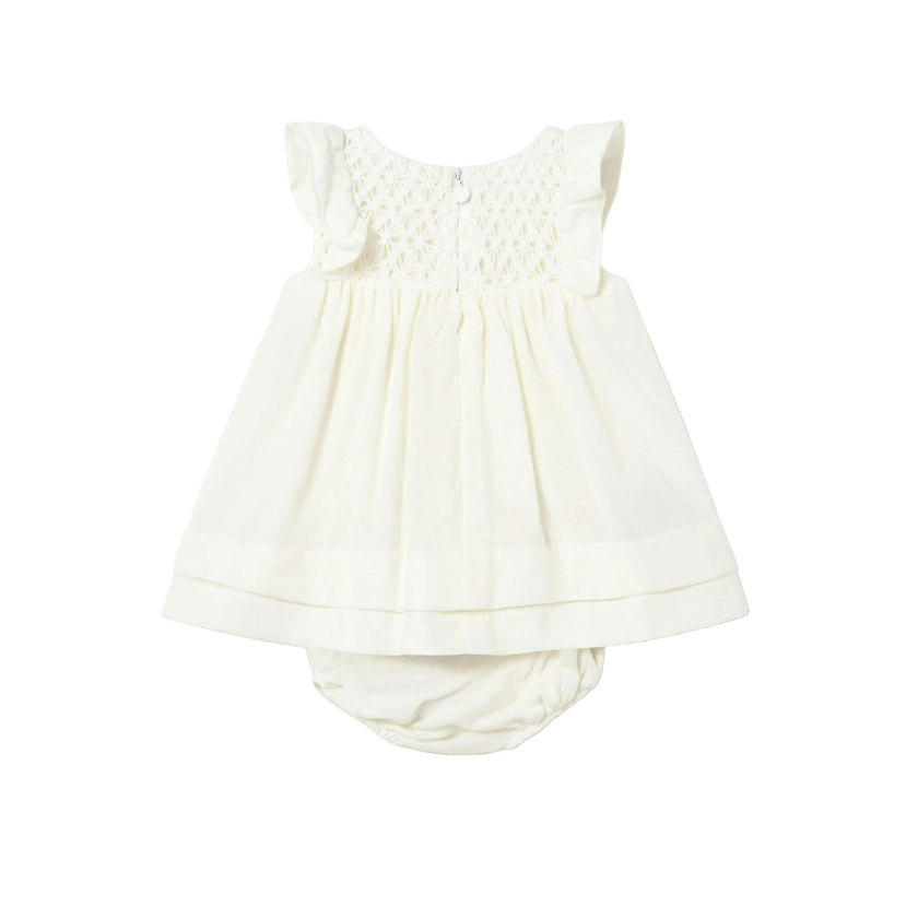 White Textured Baby Dress with Nappy Cover