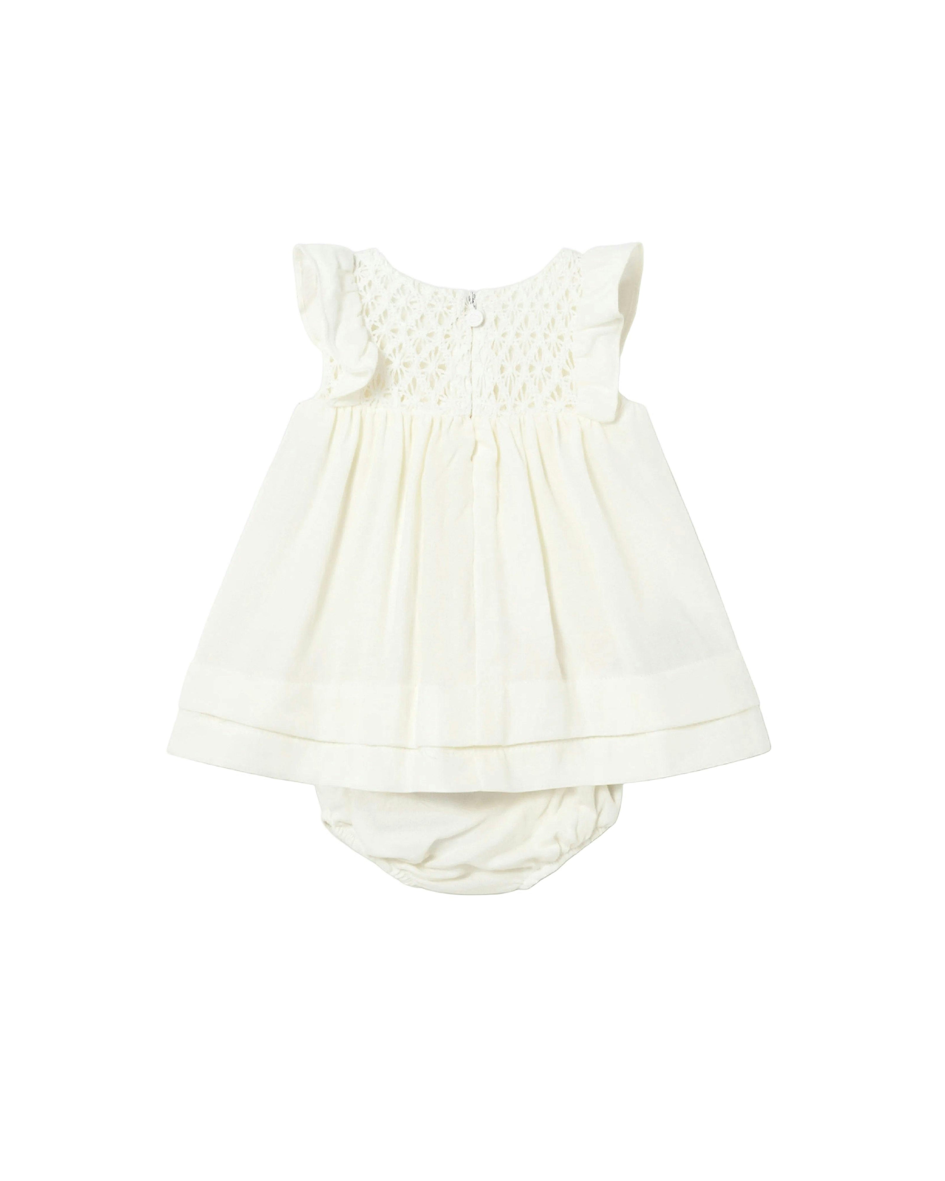 White Textured Baby Dress with Nappy Cover