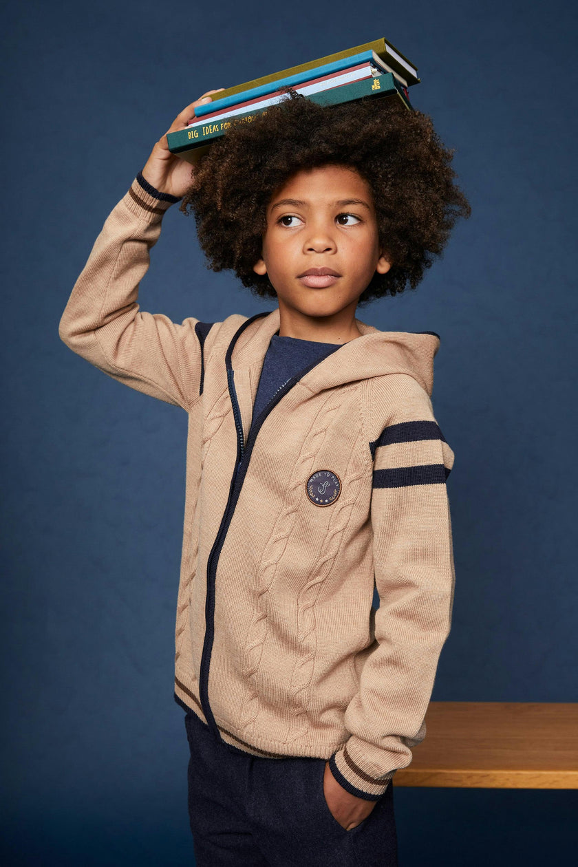 The Beige Merino Cable Knit Zip-Up Hoodie