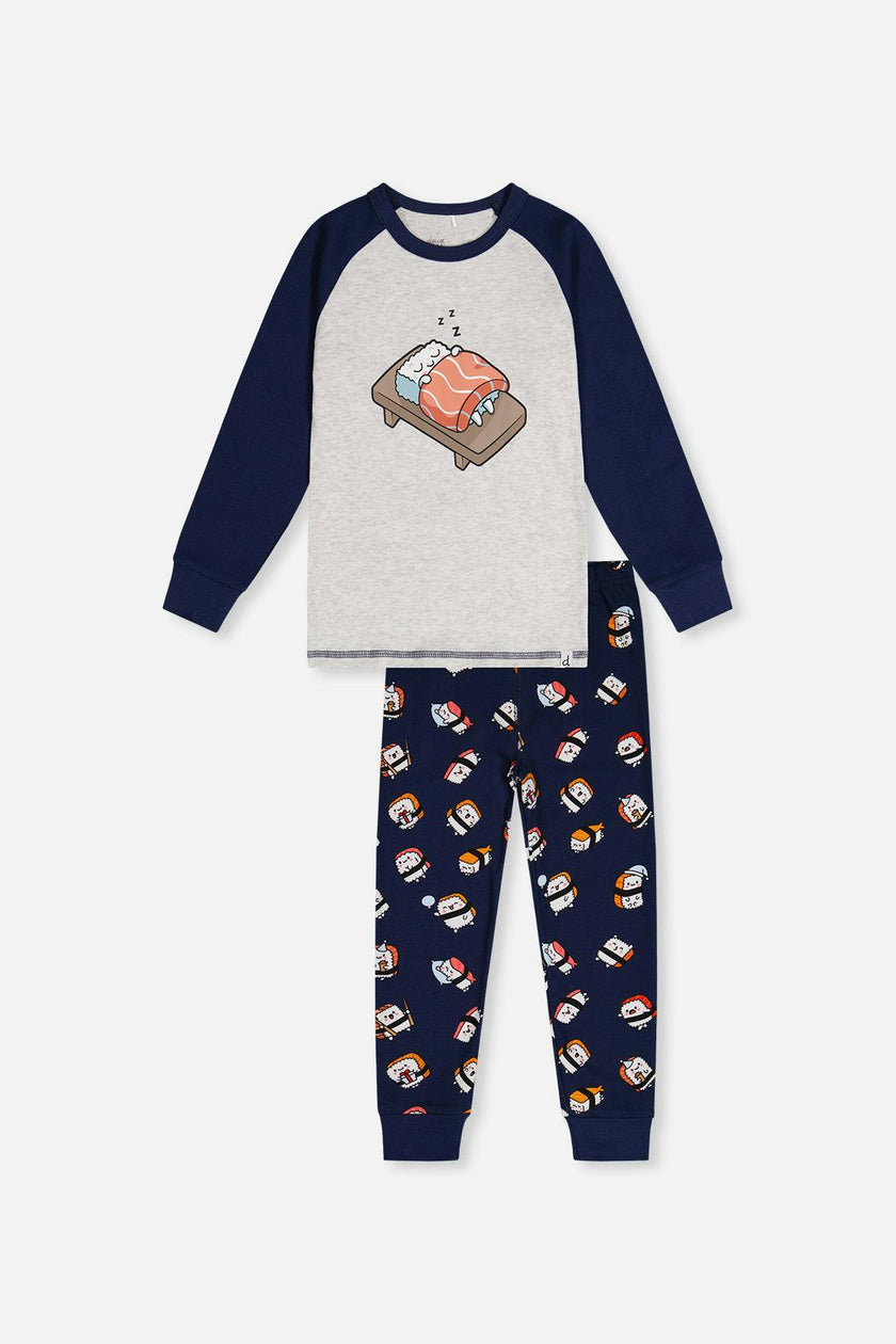Organic Cotton Two Piece Pajama Set Blue Sushi Print