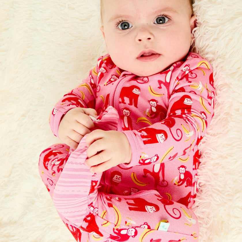 Soft & Stretchy Zipper Footie - Monkeying Around Pink