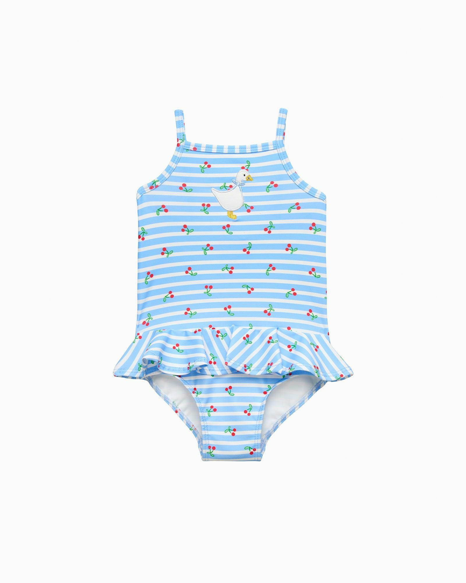 Baby Cherry Stripe Duck Swimsuit in Blue