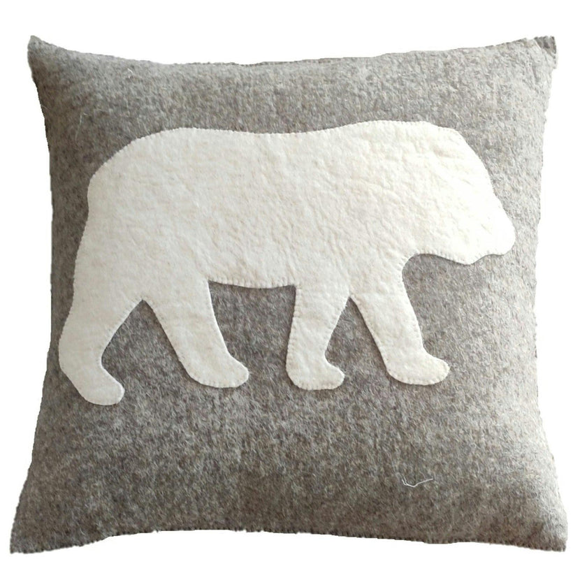 Hand Felted Wool Pillow - Cream Bear Silhouette Gray - 20"