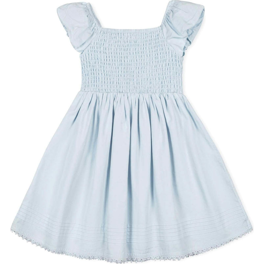 Organic Sateen Cap Sleeve Special Occasion Smocked Flower Girl Dress, Blue