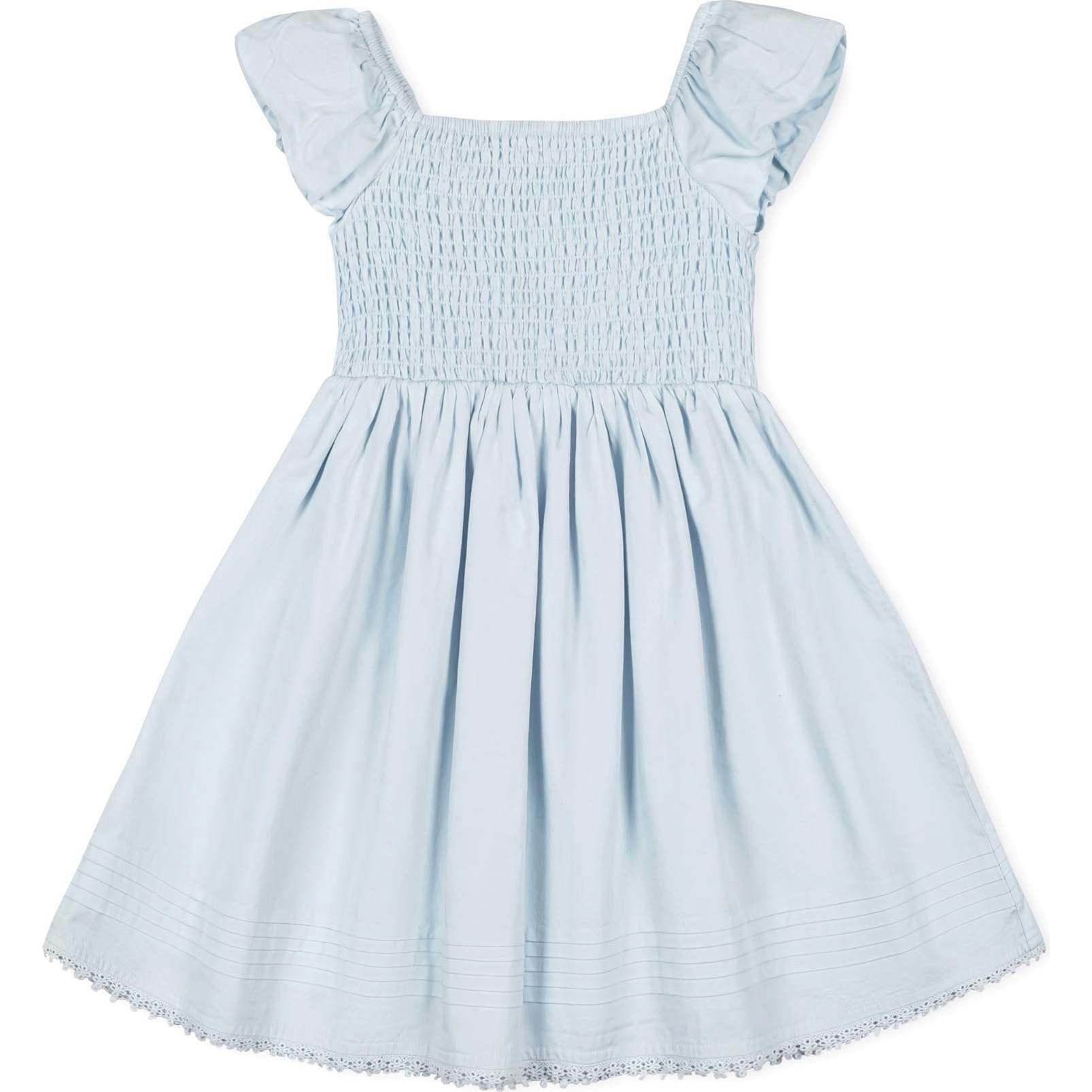 Organic Sateen Cap Sleeve Special Occasion Smocked Flower Girl Dress, Blue