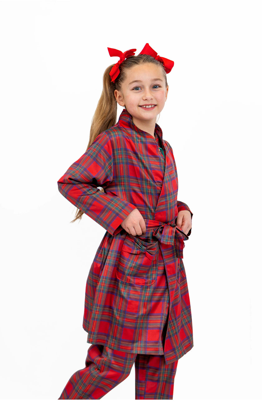 Girls Christmas Plaid Satin Robe