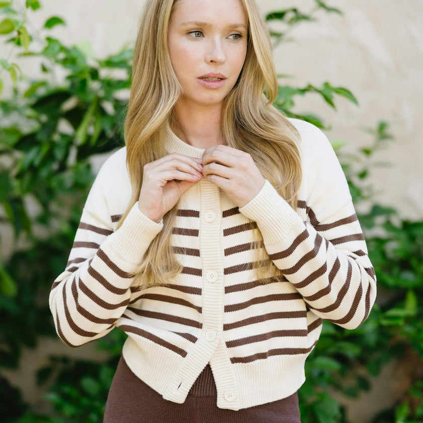women's cream and brown stripe cropped knit cardigan