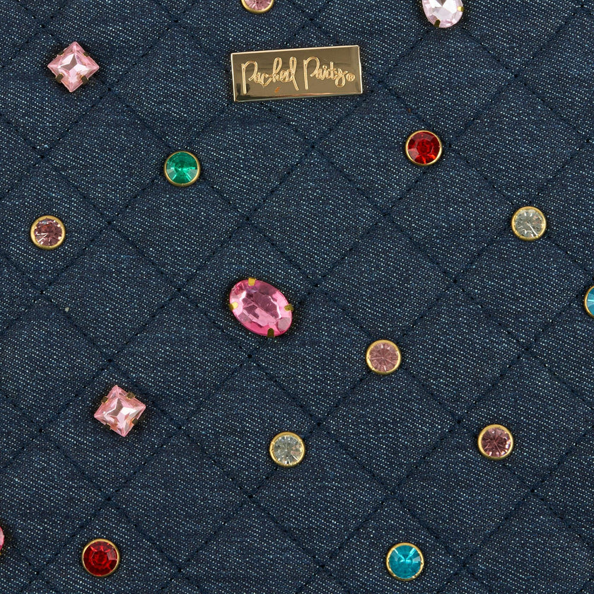 Packed Party Denim and Gems Bejeweled Everything Pouch - Quilted Denim with Multicolor Gemstones and Gold Zipper Pull, Spot Clean, 8.75x7.65 Inch