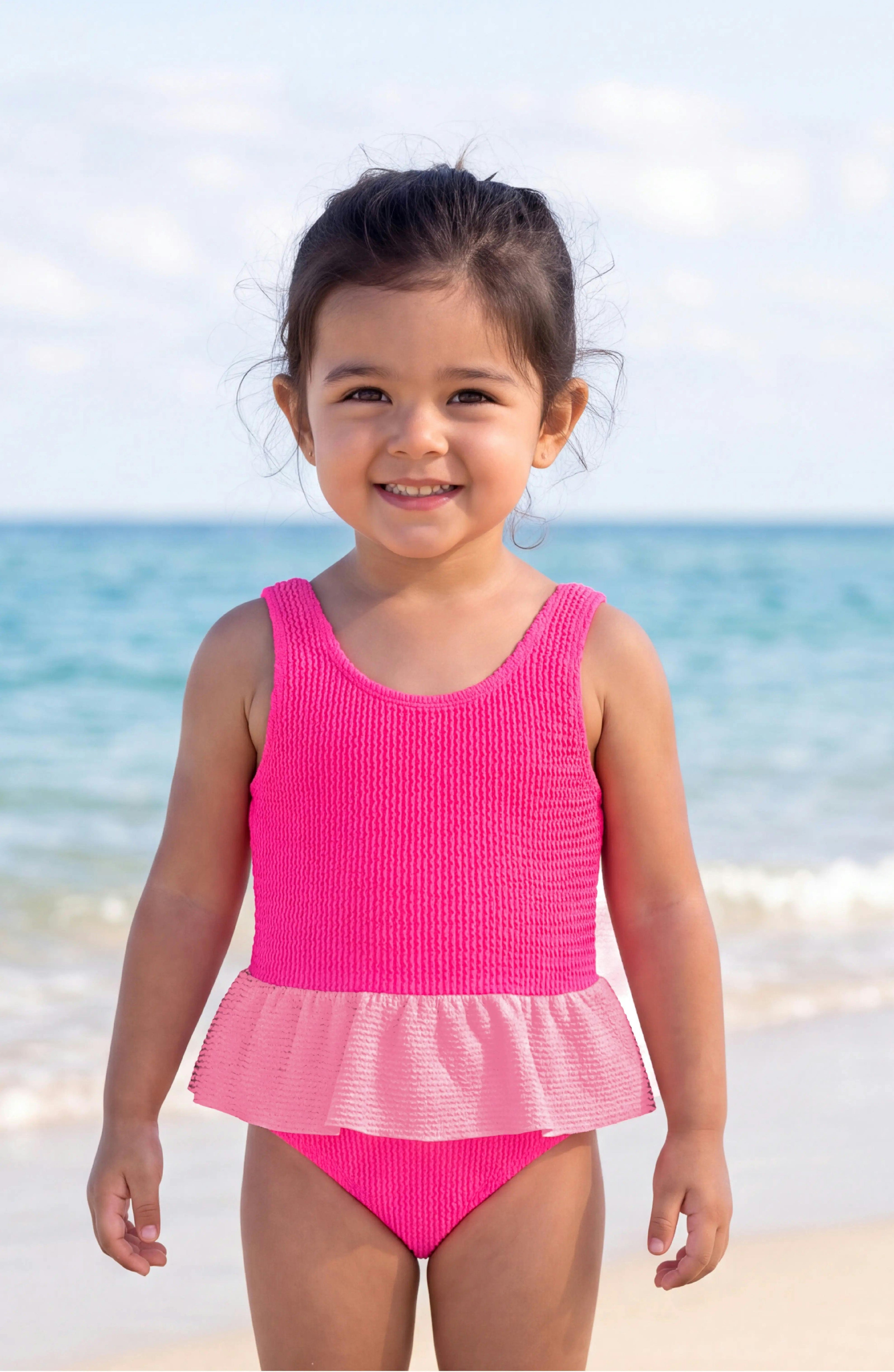 Dot Toddler Crinkle Peplum One Piece - Fuchsia