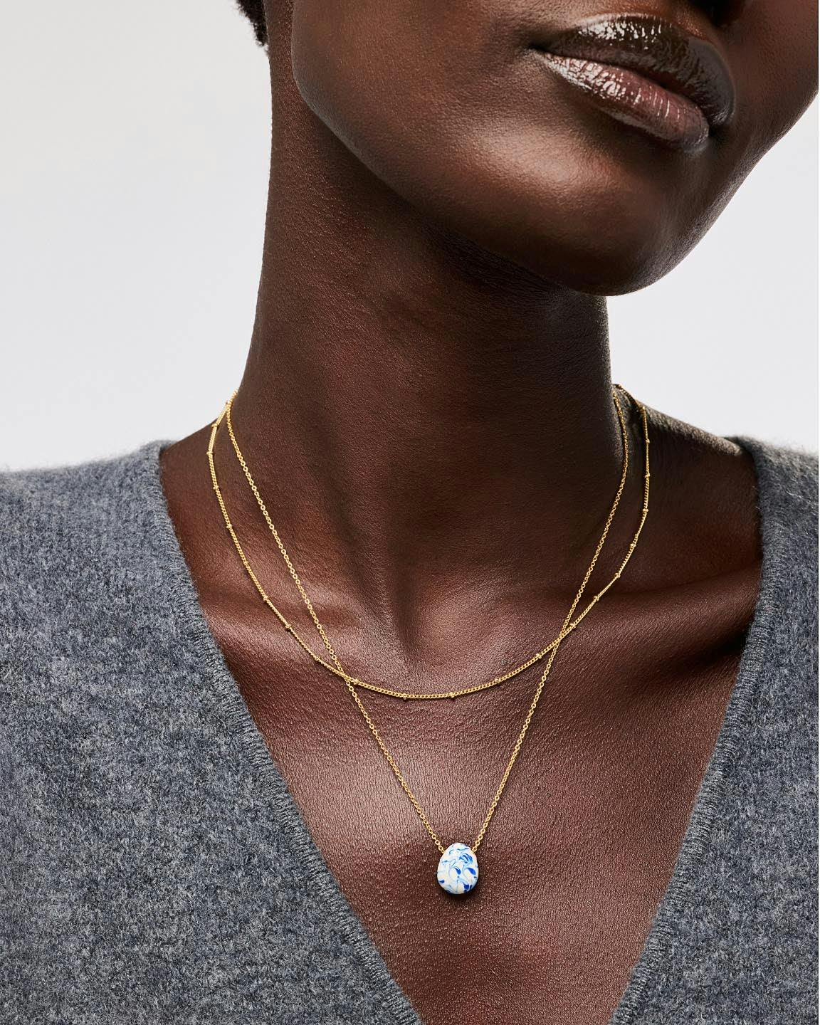 Gold Statement Necklace - Pebble Mini Marble Blue