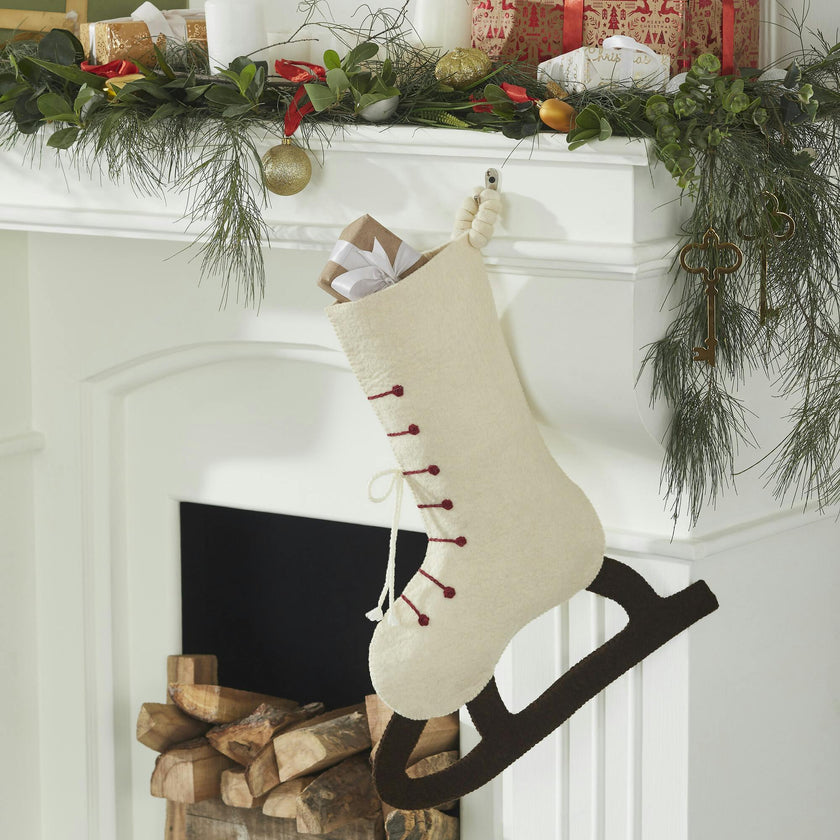 Ice Skate Hand Felted Wool Cream Christmas Stocking Skate