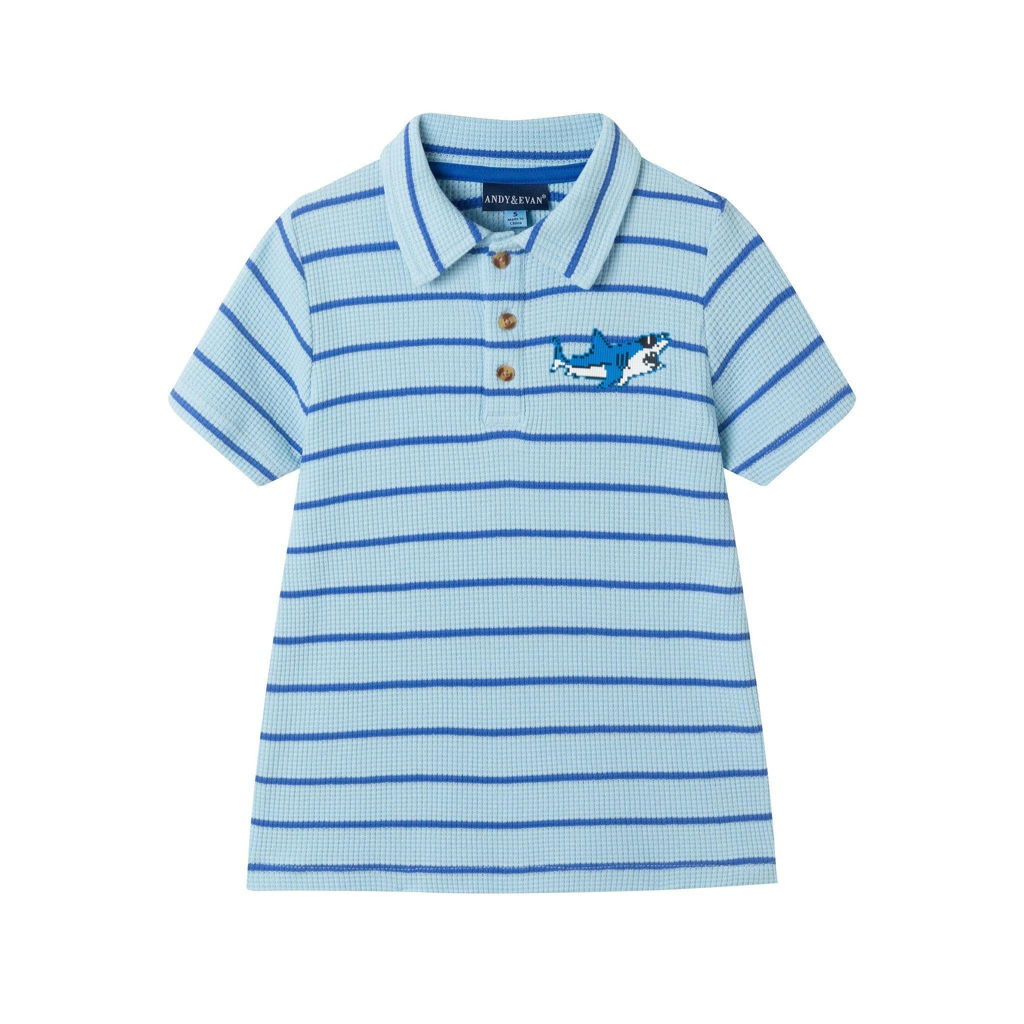 Boys Striped Waffle Polo Set | Blue Shark