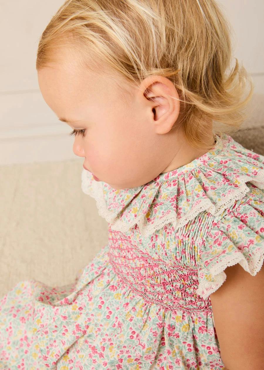 Adelaide Floral Hand Smocked Ruffle Collar Cap Sleeve Dress in Pink (12mths-6yrs)