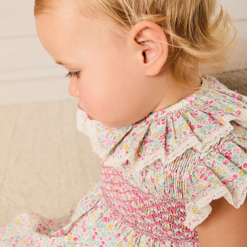 Adelaide Floral Hand Smocked Ruffle Collar Cap Sleeve Dress in Pink (12mths-6yrs)