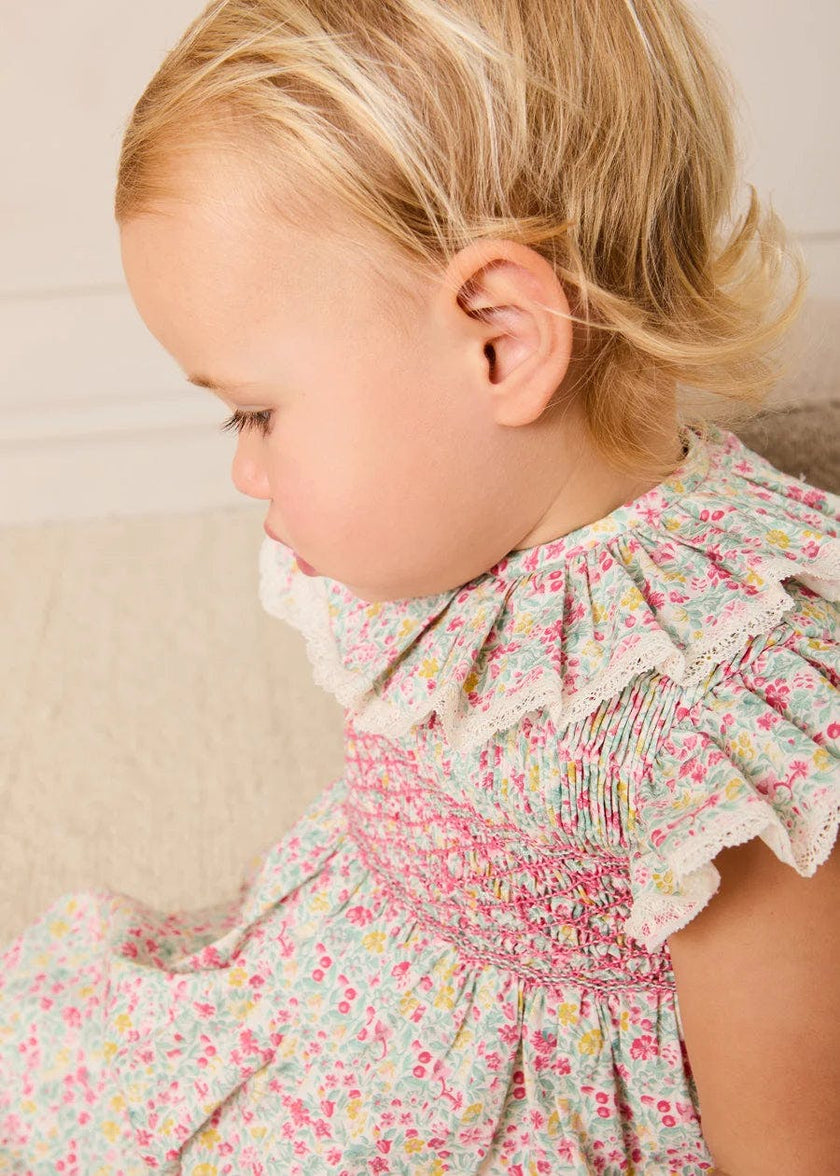 Adelaide Floral Hand Smocked Ruffle Collar Cap Sleeve Dress in Pink (12mths-6yrs)