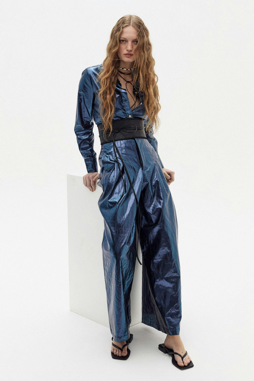 San Marino Metallic Linen Shirt - Dark Blue