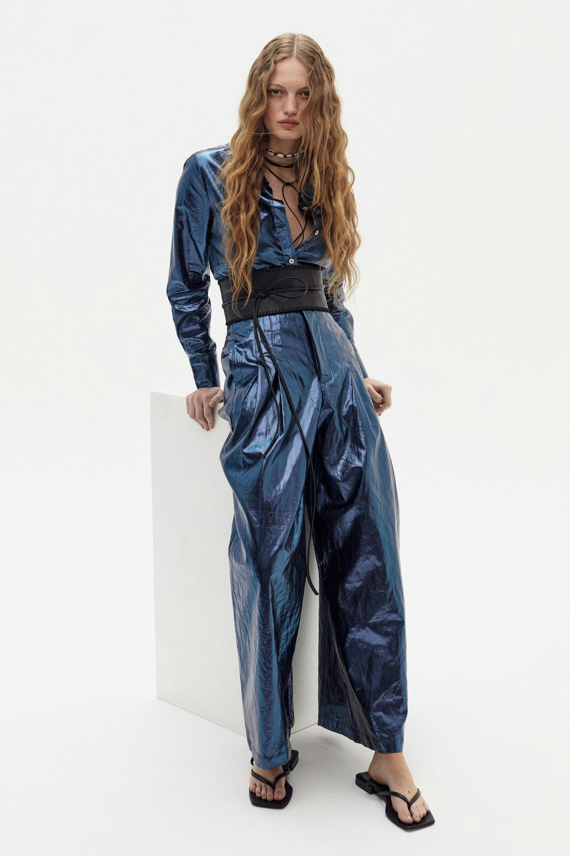 San Marino Metallic Linen Shirt - Dark Blue
