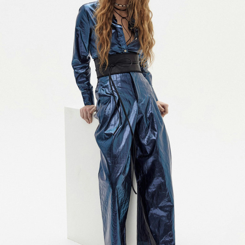 San Marino Metallic Linen Shirt - Dark Blue
