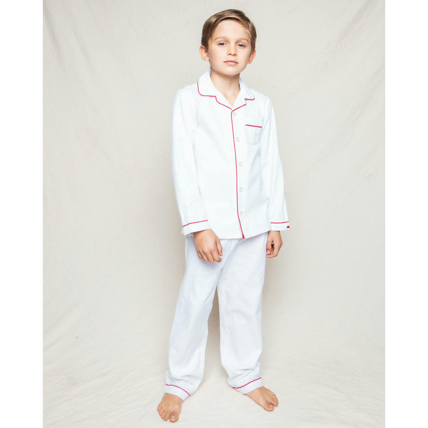 Kid's Twill Pajama Set in White with Red Piping
