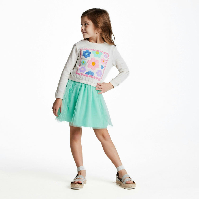 Girls Chenille Floral Sweatshirt & Tulle Tank Dress Set | Aqua