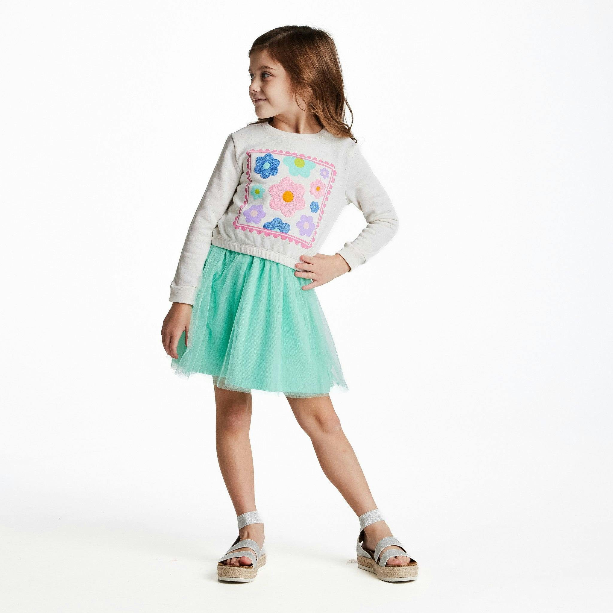 Girls Chenille Floral Sweatshirt & Tulle Tank Dress Set | Aqua