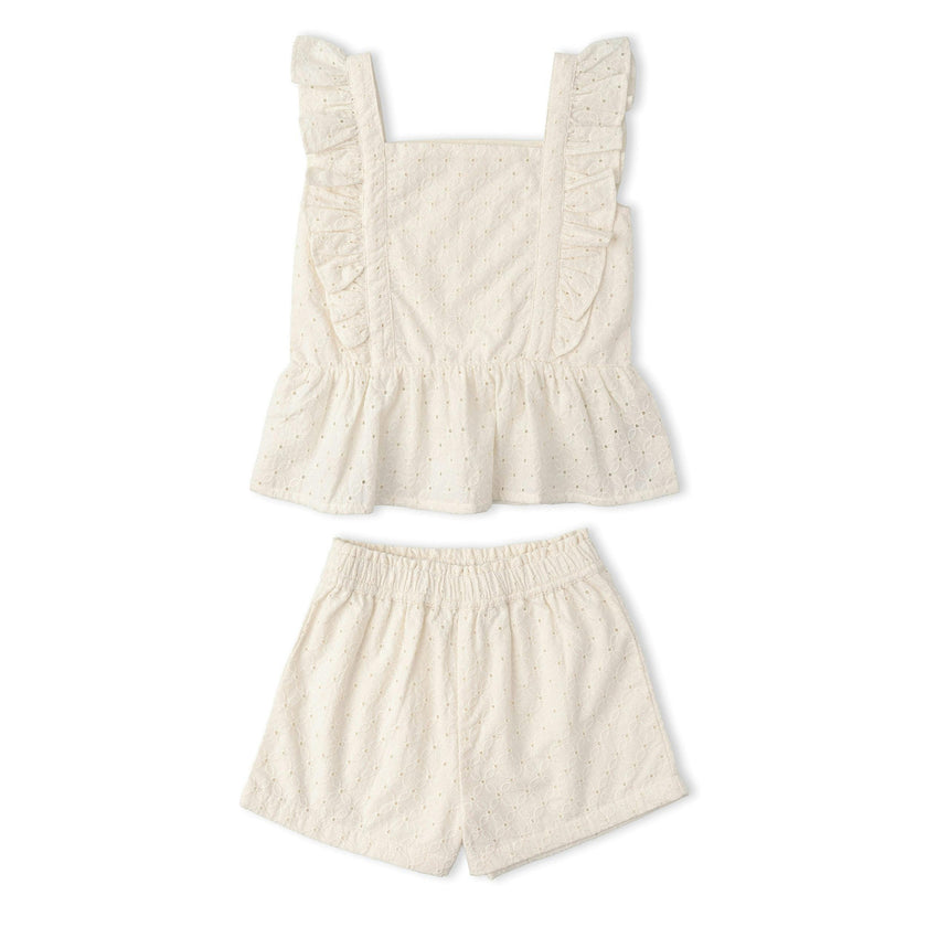 Organic Eyelet Flutter Top And Shorts Set - Ivory Eyelet