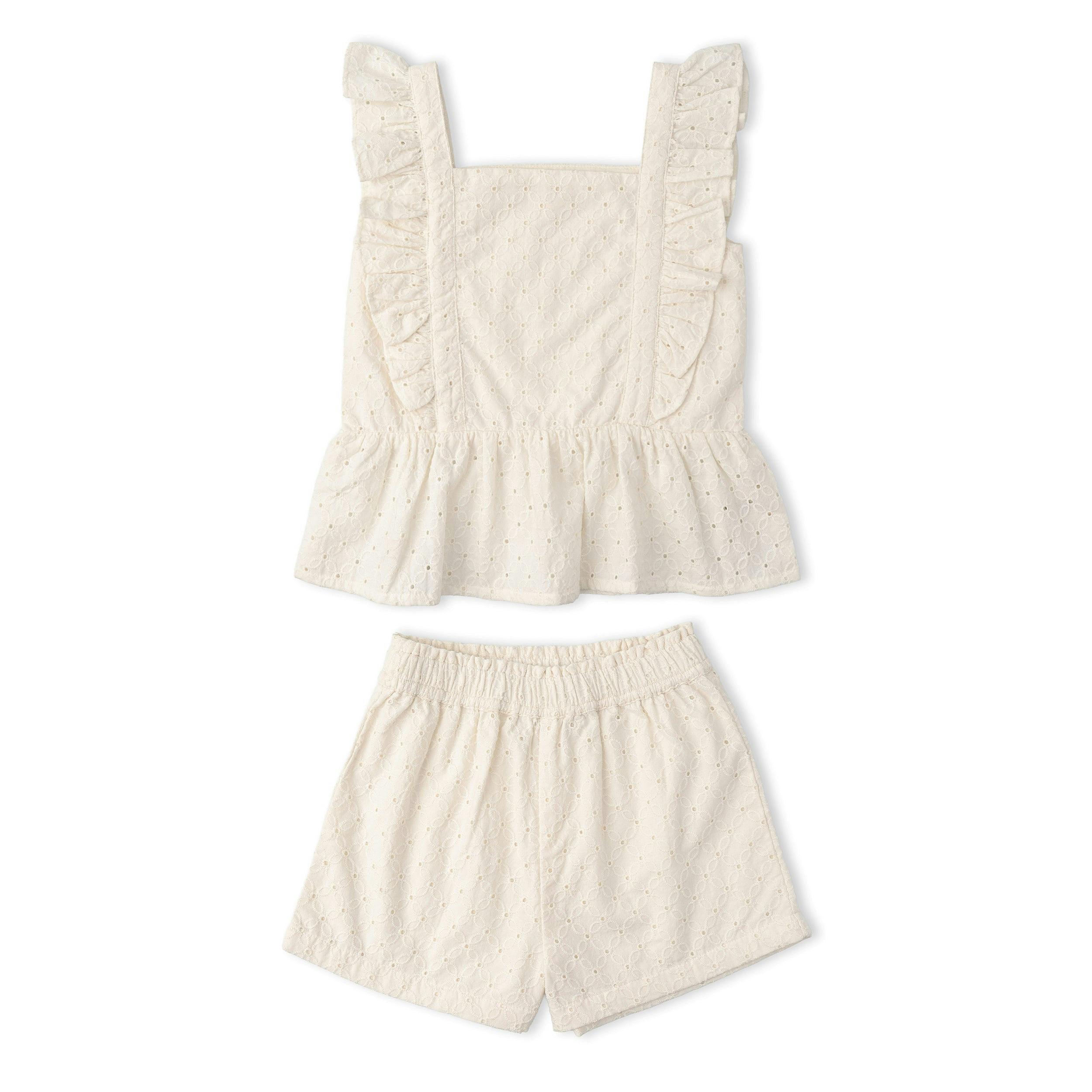 Organic Eyelet Flutter Top And Shorts Set - Ivory Eyelet