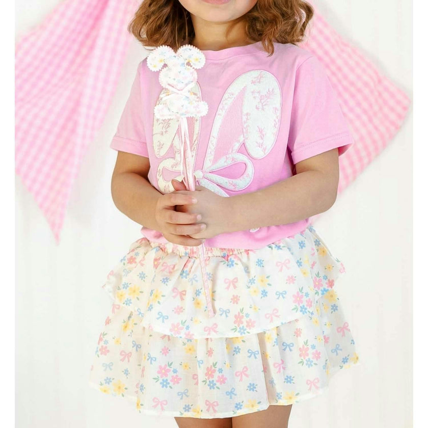 Lace Bunny Bow Patch Easter Short Sleeve T-Shirt - Pink