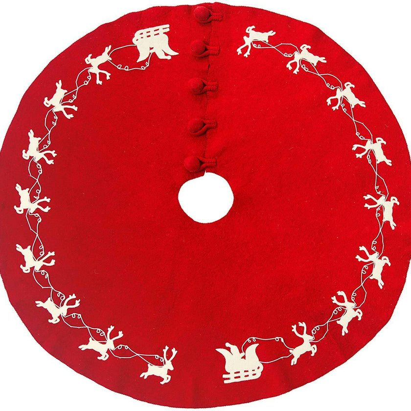 Cream Reindeer Red Christmas Tree Skirt Hand Felted Wool - 60"/72" Arcadia Home