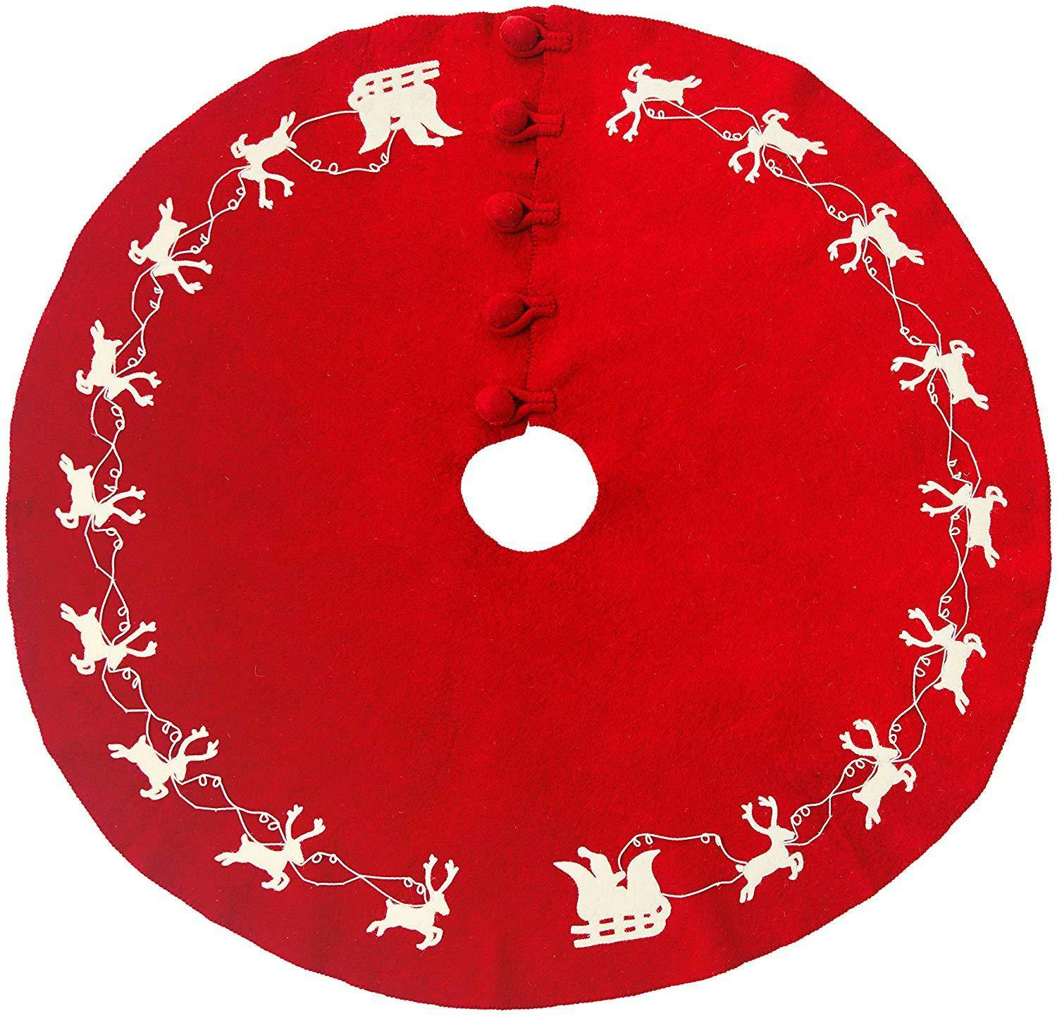 Cream Reindeer Red Christmas Tree Skirt Hand Felted Wool - 60