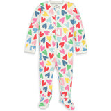 Baby organic zip footie in rainbow candy hearts