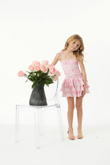 Gemma Vintage Rose Ballet Pink With Pink Lace Satin Smocked Ruffle Mini Skirt