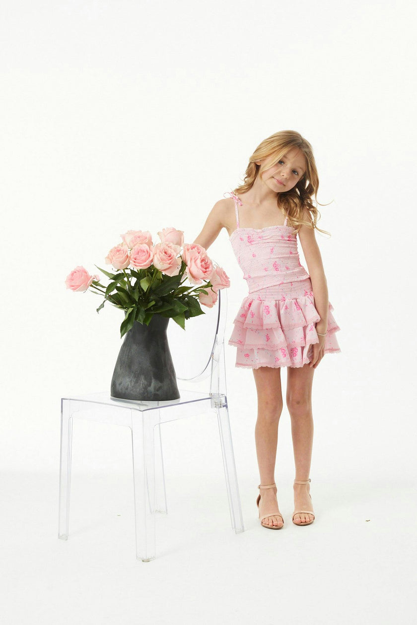 Gemma Vintage Rose Ballet Pink With Pink Lace Satin Smocked Ruffle Mini Skirt