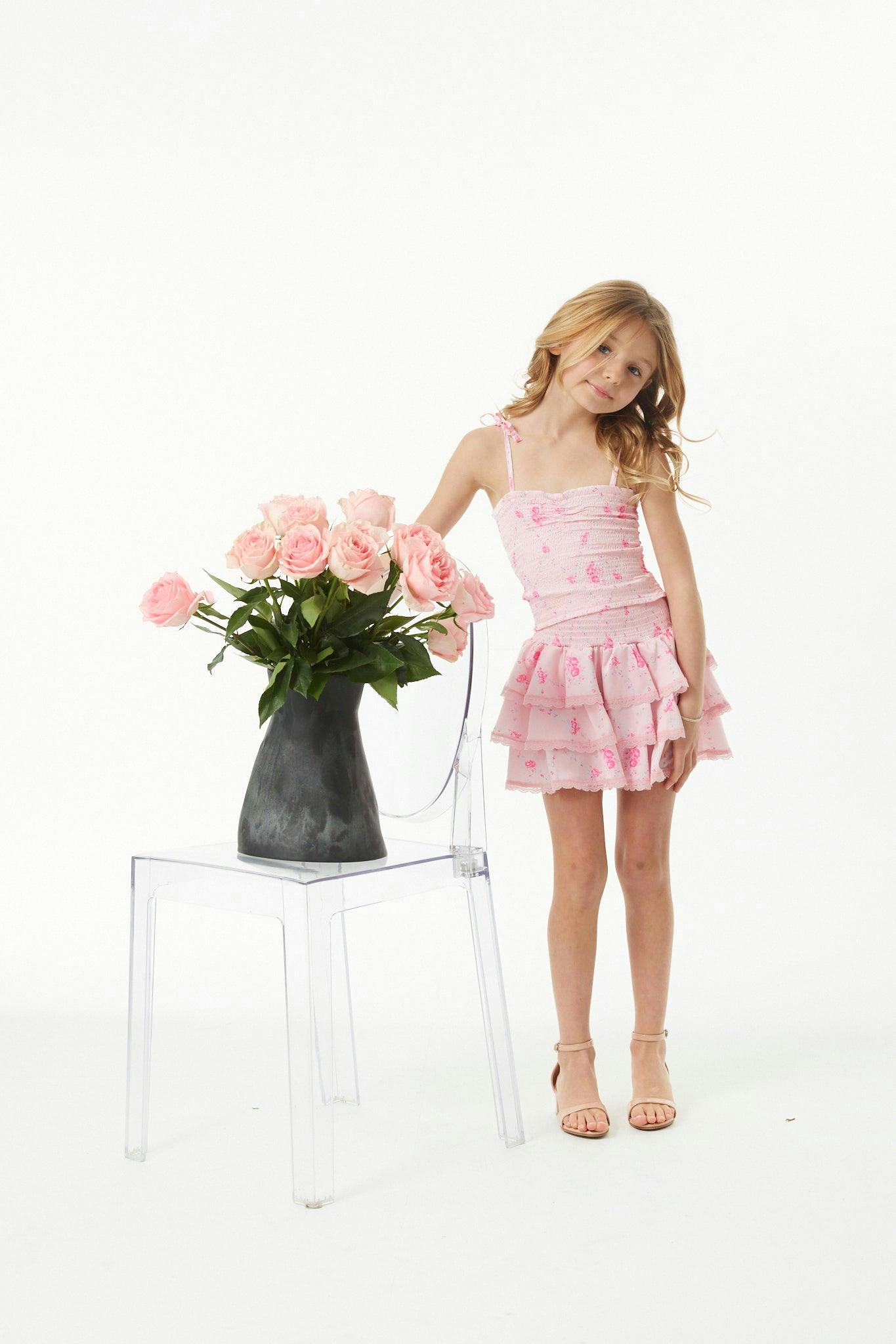 Gemma Vintage Rose Ballet Pink With Pink Lace Satin Smocked Ruffle Mini Skirt