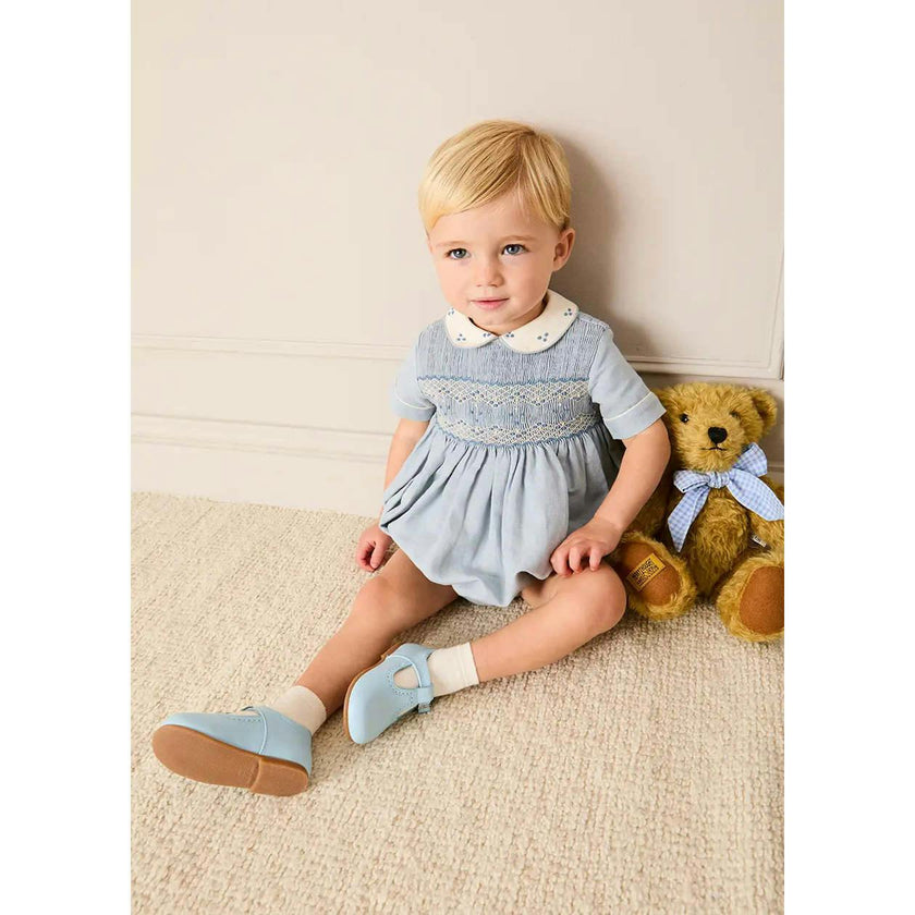 Hand Smocked Peter Pan Collar Short Sleeve Romper in Sky Blue (3mths-2yrs)