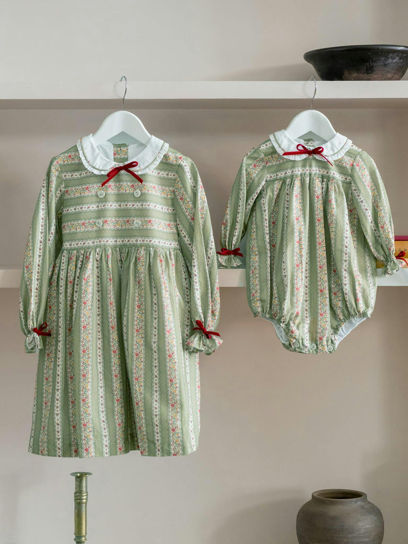 Sage Green Floral Stripe Senna Baby Girl Romper