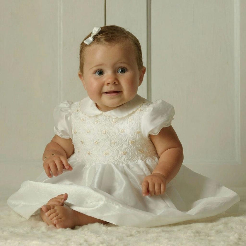 Ivory Taffeta Rosebud Smocked Dress, Baby