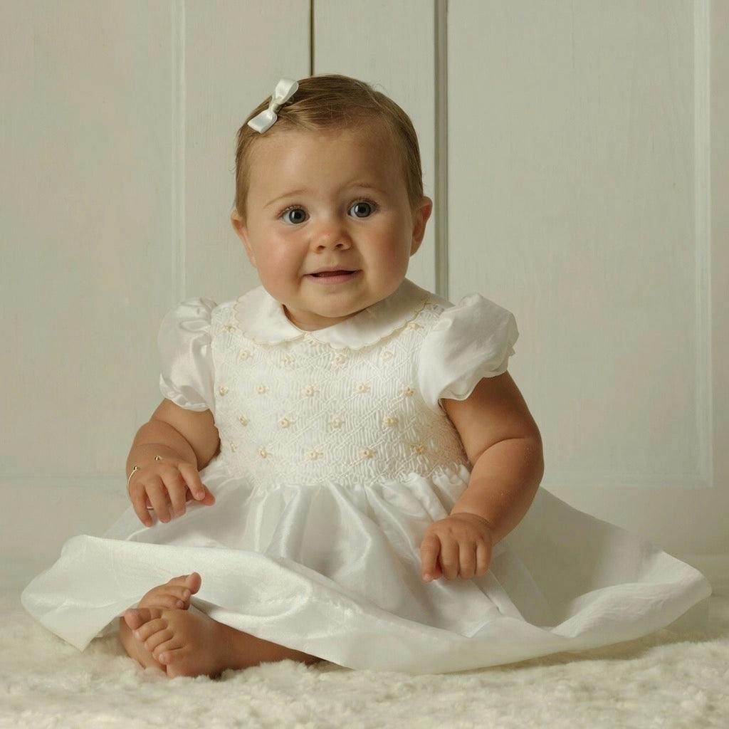 Ivory Taffeta Rosebud Smocked Dress, Baby