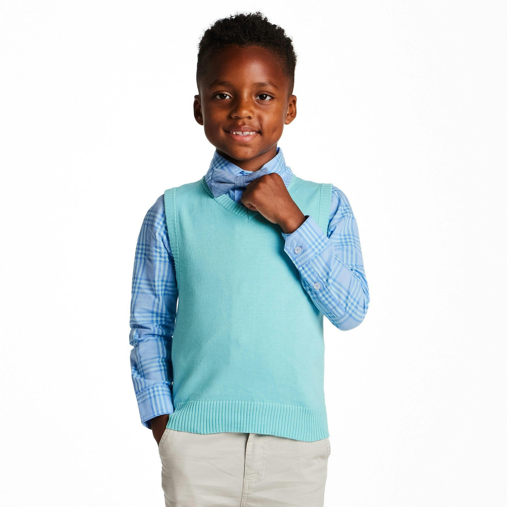 Boys 4-Piece Vest Set | Aqua & Grey Plaid