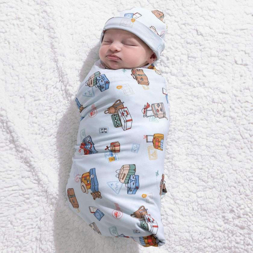 Vintage Suitcases Bamboo Swaddle & Beanie Set