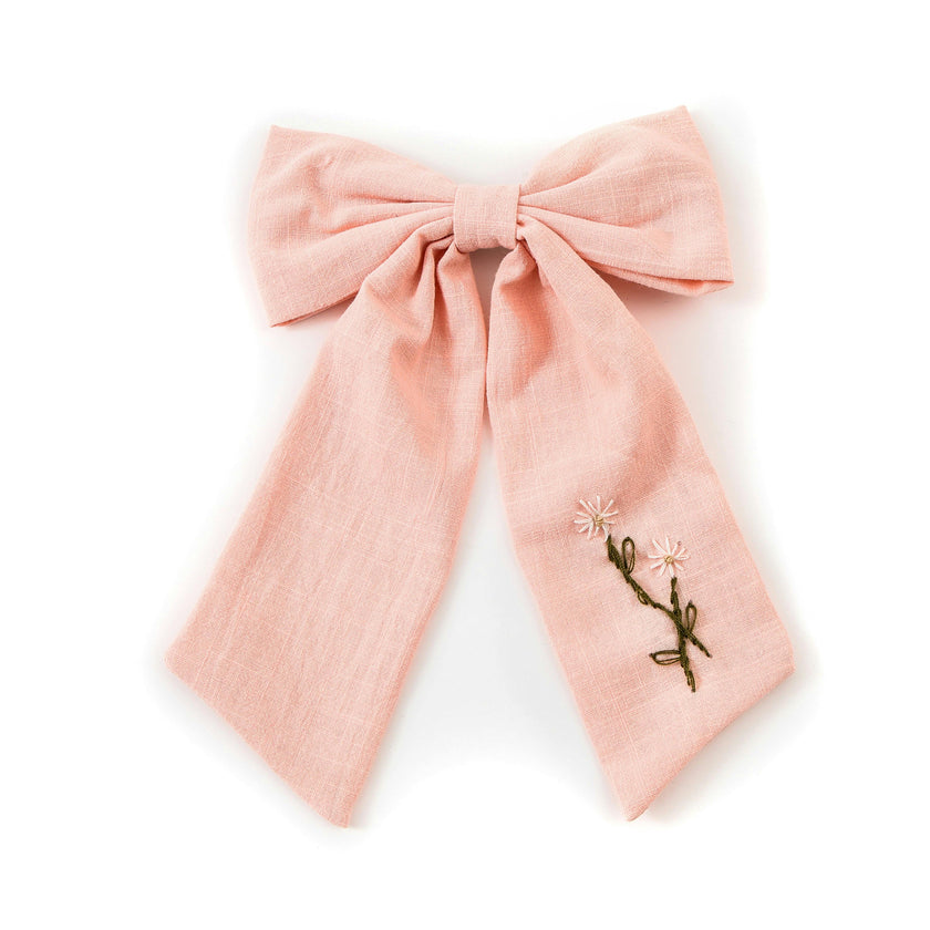 Halo Luxe Felicity Summer Soiree Linen Floral Embroidered Bow Hair Clip - Pink / White