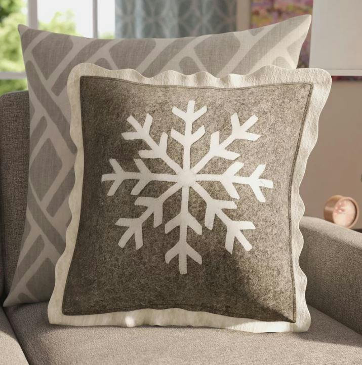 Handmade Christmas Pillow Hand Felted Wool - Big Snowflake Gray - 20"