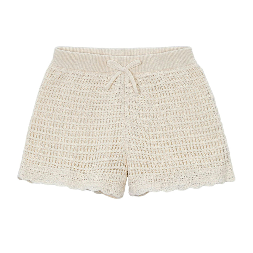 Beige Crochet Shorts With Scalloped Hem