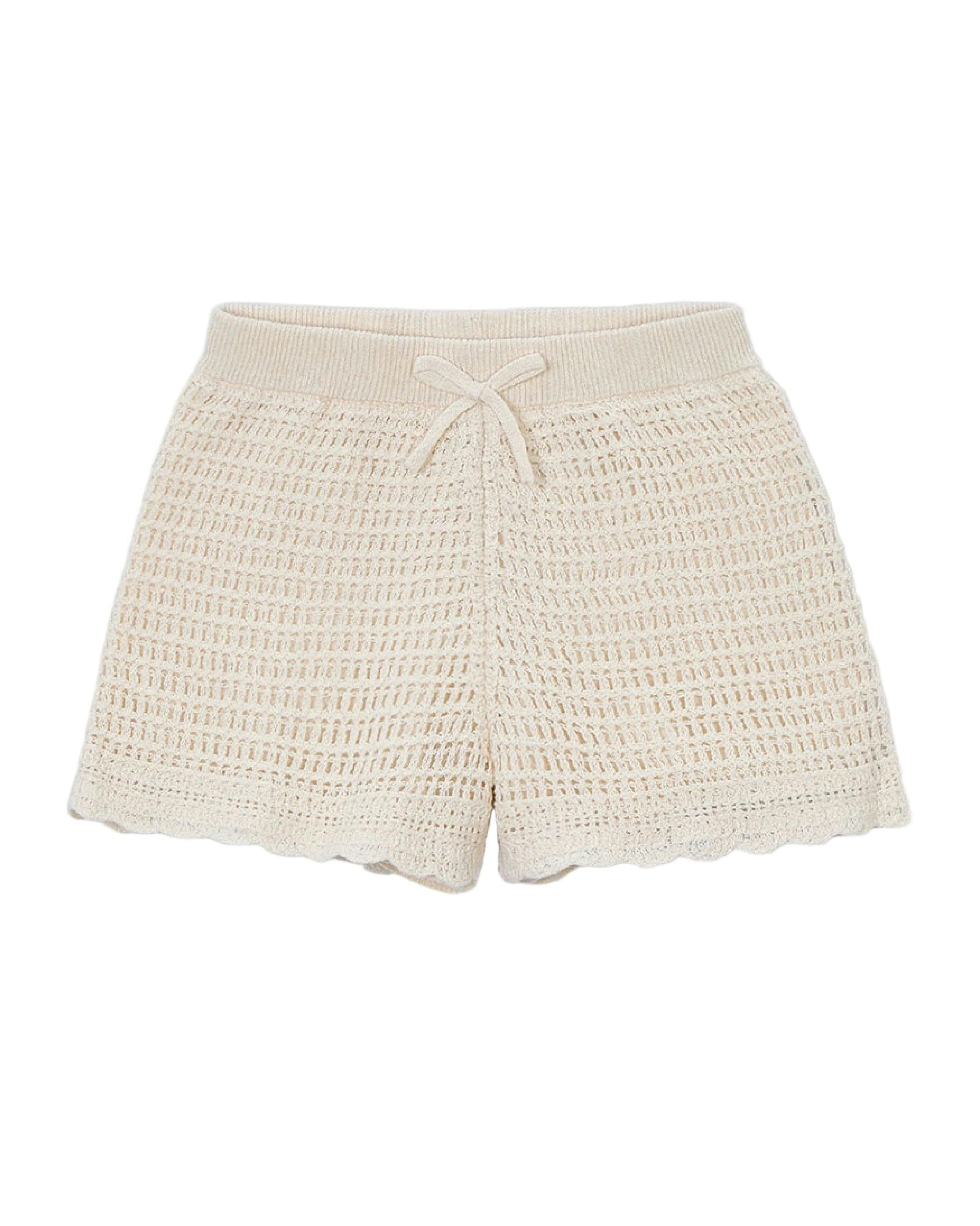 Beige Crochet Shorts With Scalloped Hem