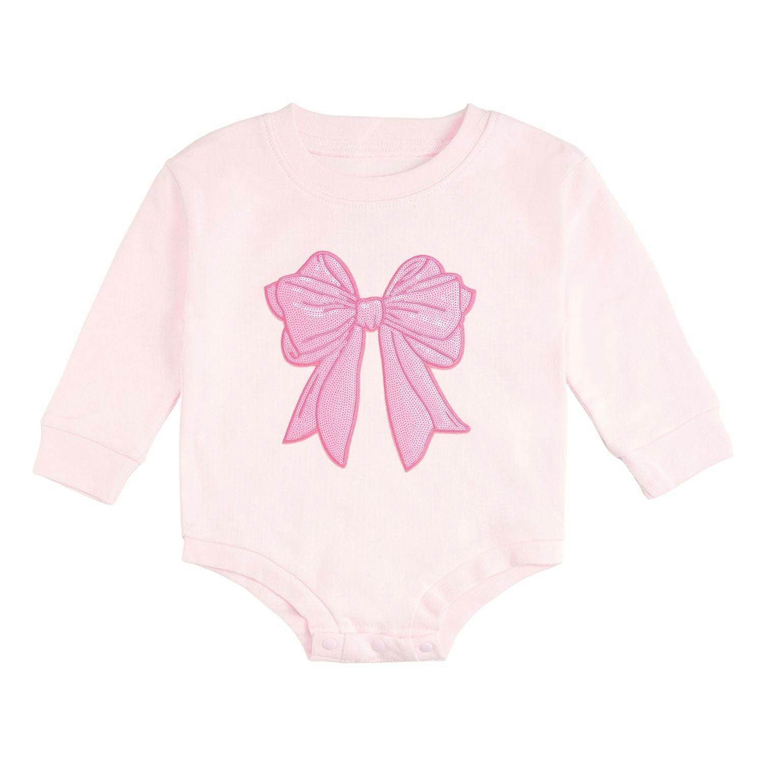 Pink Bow Sequin Patch Long Sleeve Romper