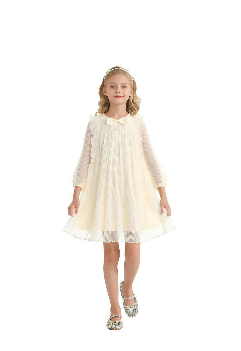 Cream Pleated Bow Dress