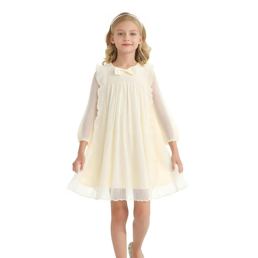 Cream Pleated Bow Dress
