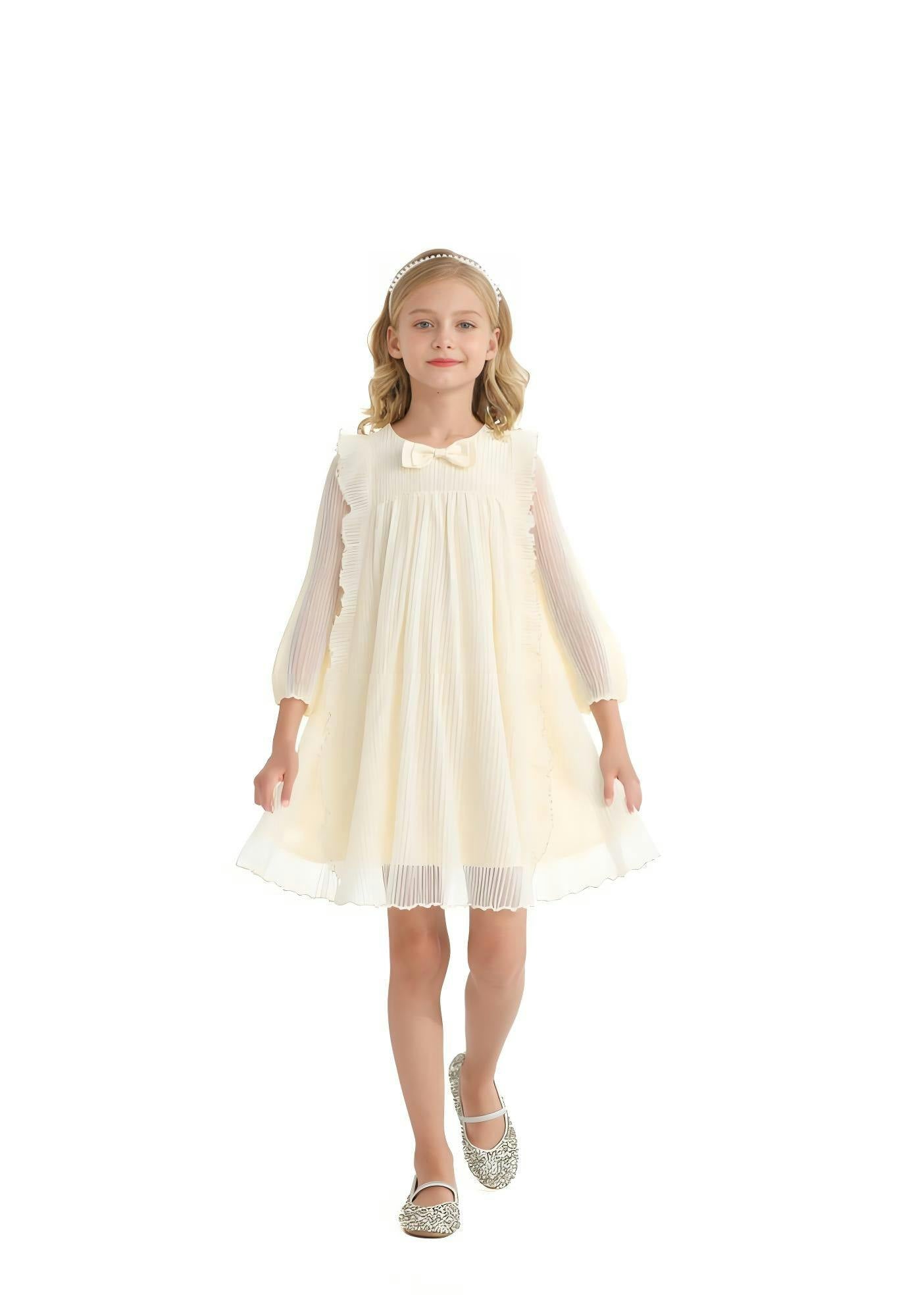 Cream Pleated Bow Dress