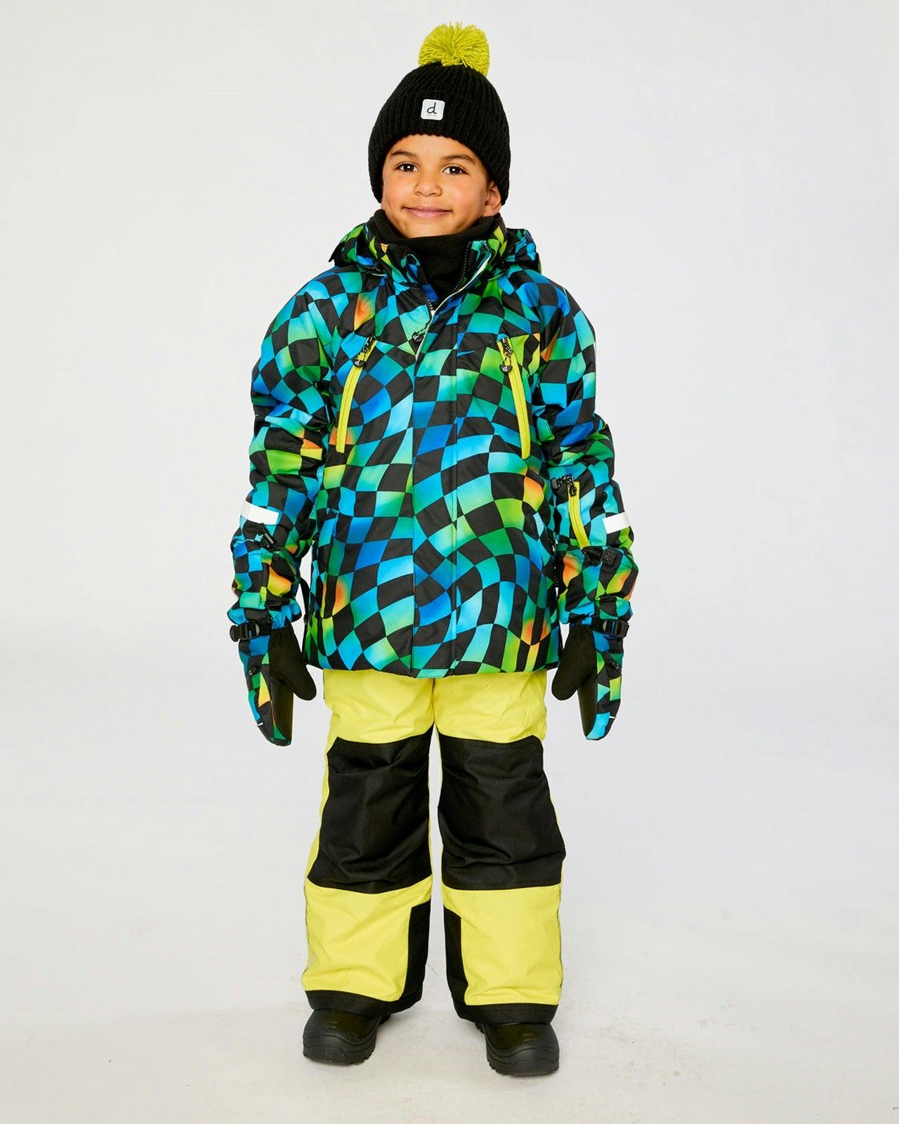 Two Piece Play Snowsuit Green Yellow And Blue Checkerboard With Yellow Pants