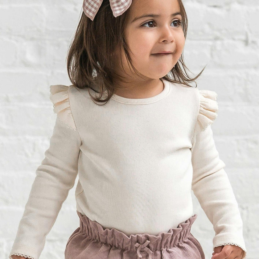 KENDI Rina Ribbed Ruffle Long Sleeve Top Amaya Floral / Mauve